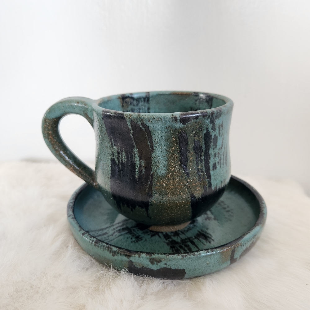 Handmade Rustic Coffee Tea Mug & Saucer Ceramic Pottery Blue Green Black Large